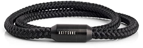 Akitsune Mare Segeltau Nylonarmband | 5 mm breit | Magnetischer Kapselverschluss Doppelt Gewickelt Damen Herren Maritim - Mattschwarz-Schwarz 39 cm
