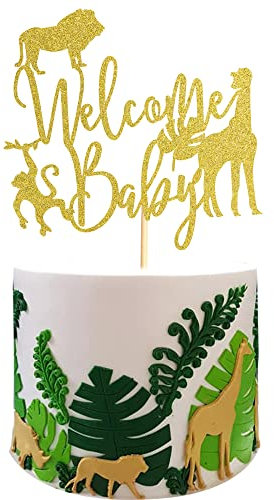Arthsdite Welcome Baby Cake Topper Jungle Wild Safari Animal Baby Shower Cake Picks Party Supplies Decorations - Gold Glitter