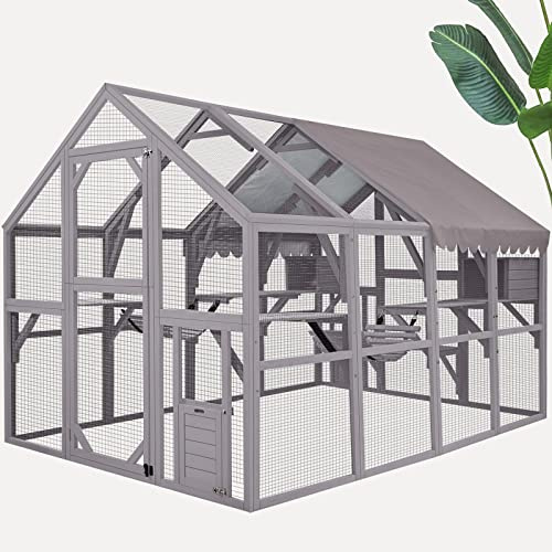 MEDEHOO Large Walk-in Catio Outdoor Cat Enclosure Weatherproof Cat House with Waterproof Roof, Multiple Platforms Cat Cave Hammock Gray for Patio Backyard 110“L
