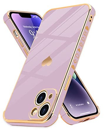 Urarssa for iPhone 14 Case Cute Bling Plating Heart Design Cases Women Girls Shockproof Bumper Silicone Slim Protective Cover for iPhone 14, Purple