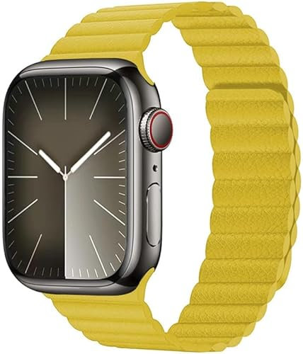 SOLOLUP Leather Strap Compatible for Apple Watch Band 49mm 45mm 41mm 44mm 40mm 38mm 42mm, Sport Magnetic Closure Strap for iWatch Ultra Series 8 7 6 SE 5 4 3 2 1, yellow