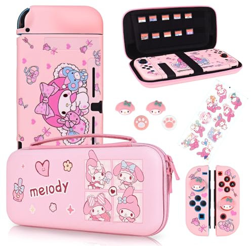 DLseego Etui pour Switch,Housse sacoche de Transport à Coque Rigide,Kits étui et protection, peut contenir 12 cartes,sacoche avec étui souple pour la Switch et Grip Caps Capuchons,Minet rose