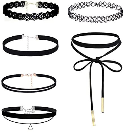 Choker-Halskette für Frauen, 6-teiliges schwarzes Choker-Halsketten-Set, schwarze Spitze, Tattoo, Samt, Choker, für Frauen und Teenager-Mädchen