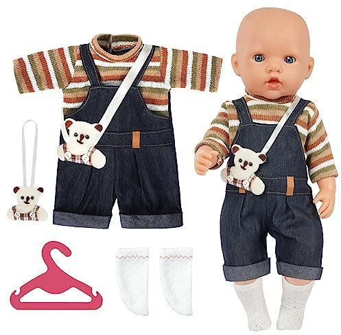 Aolso Puppenkleidungsset, 14–18 Zoll Puppenkleidung = Kleidung + Bär + Socken + Kleiderbügel, Puppenzubehör passend für 35–45 cm (Overall - Bär)