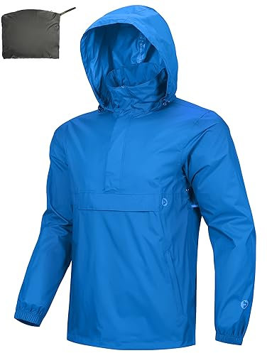 Outdoor Ventures Rain Jacket for Men Waterproof Pullover Lightweight Hooded Windbreaker Outdoor Raincoat Packaway Breathable Windproof Shell Jacket for Travelling,Camping, Running, Hiking Sea Blue M