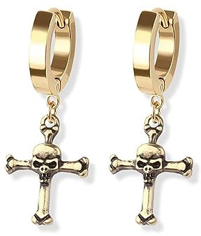 BlackAmazement 2er Set 316L Edelstahl Creolen Hinged Huggie 3mm Breite Dangle Kette Totenkopf Knochen Kreuz Ohrring Piercing schwarz gold Gothic Biker Herren Damen