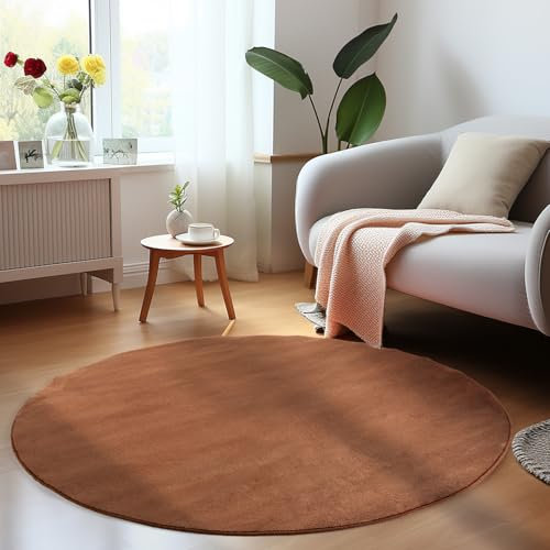 HomebyHome Kurzflor Teppich Wohnzimmer 200 cm Rund Braun - Waschbarer Teppich für Schlafzimmer, Esszimmer und Ideal als Küchenteppich - Flauschiger Teppich Extra Weich, Einfarbig, rutschfest, Modern