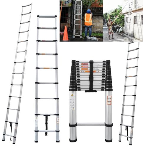 2.6M/8.5FT Multi Purpose Aluminum Telescopic Ladder, Extension Tall Loft Ladder with Non-Slip Feet, Step Adjustable for RV, Attic, Household, Portable Adjustable, EN131, 330lb Max Load