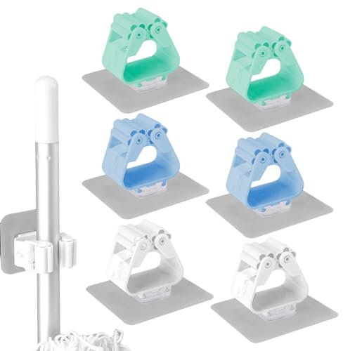 6 Pcs Broom Holder Wall Mounted Self Adhesive Broom Gripper Bathroom Mop Holder for Home Kitchen Bathroom Garden Tool Storage (White Blue Green)