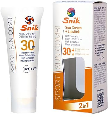 Snik Sport Sun Cream Combi 2in1 | Sonnencreme für Gesicht + Lipstick | Berg, Skifahren, Winter- und Sommersport | schützt vor Sonne, Wind und Kälte | LSF 30 hoher UVA + UVB-Schutz | Tube 15 ml