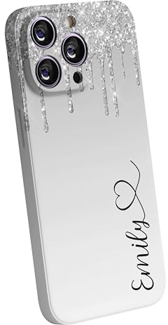 EKAM Personalised Phone Case for iPhone 15 - Marble Glitter Fully 3D Printed Fashion Stylish Custom Name With Heart Shockproof TPU Bumper back Cover (Silver, iPhone 15)