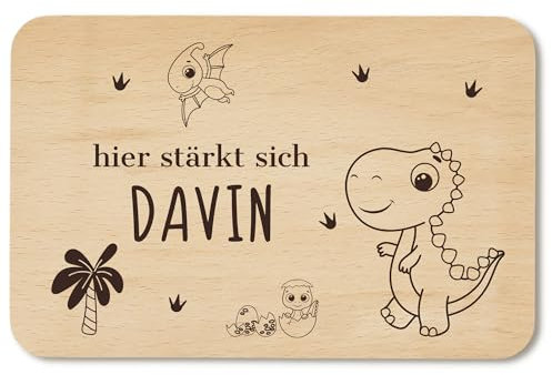 Frühstücksbrettchen personalisiert mit Wunschgravur - personalisierte Geschenke Kinder - Frühstücksbrettchen Kinder - Geschenk zur Taufe/Einschulung - Brettchen Holz (Dino)