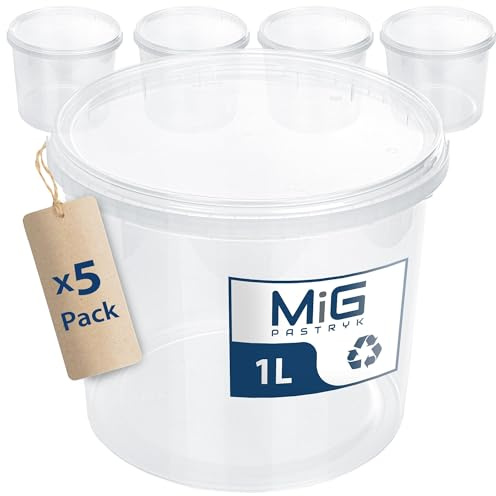MIG Transparente Eimer mit Deckel 1L - 5X 1L Luftdicht & Lebensmittelecht Plastikeimer mit Deckel - Stapelbare Kleine Eimer für Haushalt & Industrie -Ideal Kübel mit Deckel zum Einlegen & Lagern