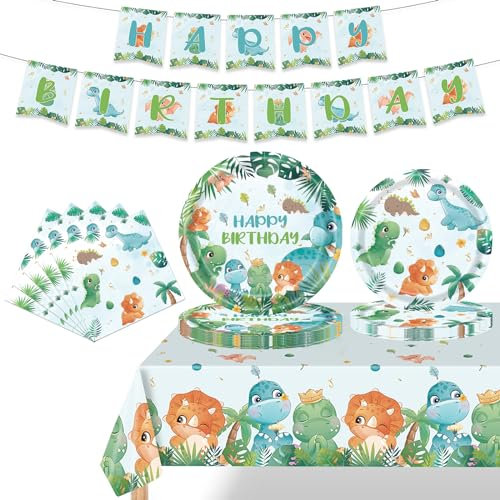 Juego de vajilla de 54 piezas con temática de dinosaurio, juego de vajilla para cena en casa, vajilla para fiesta de cumpleaños infantil