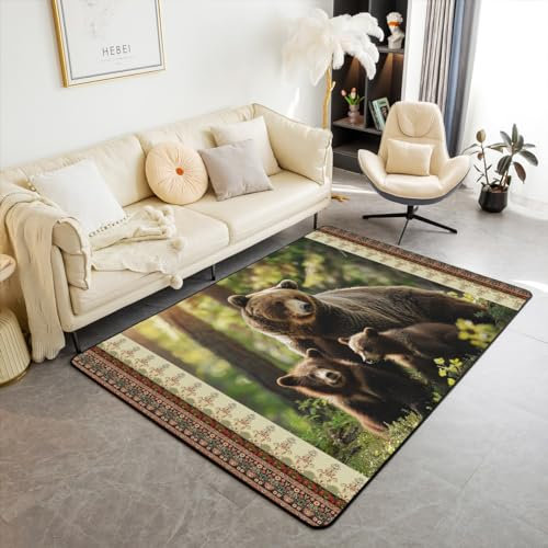 Homewish Alfombra de oso marrón para niños, adolescentes y hombres, alfombra retro de caza de animales salvajes, alfombra de 150 x 200 cm, alfombra de piso para interior, alfombra rústica para sala de