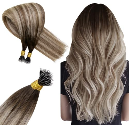 Hetto Nanoring Extensions Echthaar Dunkelbraun Mix Aschbraun und Mittelblond Nanoring Echthaar Extensions Remy Nano Extensions Echthaar Ombre Blond 50cm 50g