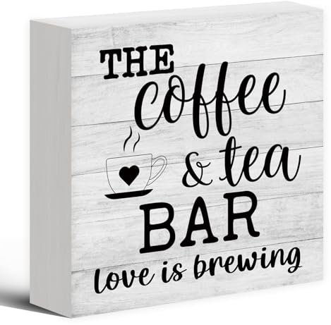 Coffee And Tea Bar Sign Wood Box Desk Decor, Coffee Bar Decor Wooden Block Sign Decorations for Coffee Tea Bar Station Home Kitchen Wall Tabletop Shelf Decor, Coffee Tea Gifts For Tea Lovers 5 * 5 in