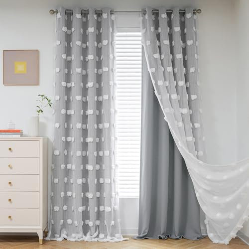 MYSKY HOME Vorhänge mit Ösen Kinderzimmer Junge Verdunkelungsvorhang Wohnzimmer 2 Stücke Schallschutz Blackout Vorhang Gardine Doppellagige Gardinen mit Voile, H 213 x B 132 cm,Grau