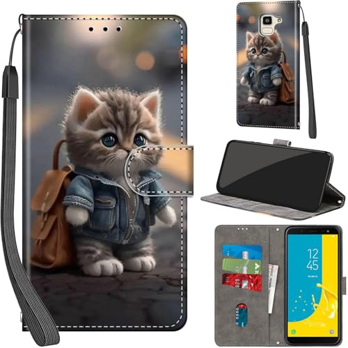 Cover per Samsung Galaxy J6 2018, Gatto | Pelle PU Portafoglio, Porta Carte, Magnetica, Libro, Antiurto Custodia
