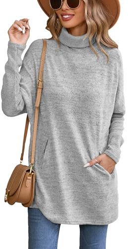 Famulily Fall Winter Turtleneck Jumper Sweaters for Women UK, Long Sleeve Solid Color Tunic Pullover Tops (M, Grey)