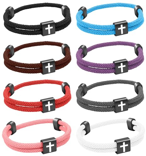 8PCS Christian Jesus Cross Rope Bracelet, Braided Cord Bracelet for Men Women, Nautical Surf Beach Bracelets Gifts Set for Sports, Handmade Woven String Bracelets with Adjustable Knot 8 Colors