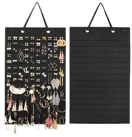 Bieiyhe Schmuck Organizer Hängend 57cmx35cm,Ohrring Organizer Schwarz,Schmucktasche zum Aufhängen,Schmuckaufbewahrung für Den Kleiderschrank,Faltbarer Schmuckständer für Ringhalter Halskette Armband