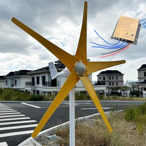 ZHOZHUT 800W / 1000W / 1200W Kit Generatore Eolico Turbina 12V / 24V / 48V Generatore Eolico Kit con Regolatore MPPT E 5 Pale Gialle, Generatore di Vento Orizzontale per Uso Domestico,1000w,48V