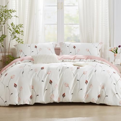SAPHREAS Floral Duvet Cover Set 100% Cotton 3pcs Double Size Pink Red Botanical Rose Bedding Comforter Cover Set 1 Duvet Cover 2 Pillow Shams, Comforter Not Included