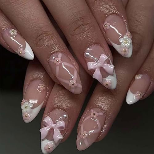 LunarCharm Lot de 24 faux ongles à presser pour femme - Taille moyenne - Strass - Rose - Amande bling - Brillant - Fleur 3D