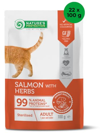 Nature’s Protection Nassfutter für sterilisierte Katzen, Lachs, 22 x 100 g | Getreidefrei und ohne Zucker, mit Kräutern, Omega-3 und Taurin, für Verdauung, Harnwege und Gewichtskontrolle