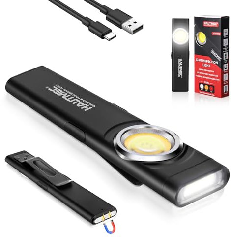 HAUTMEC 12-in-1 EDC Pocket Torch with Clip, Slim Flat Torch Rechargeable Work Light with USB-C Fast Charging, Dual Light, Magnetic Base, 500LM Aluminum LED Torches IP64 Waterproof & Drop-Resistant