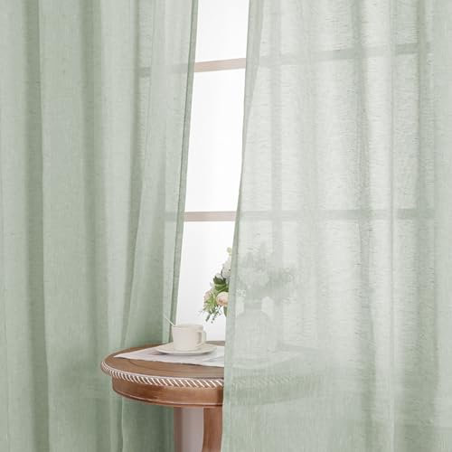 BellaHills Cortinas Lino Natural, Visillos Semi Translúcidos con Ojales,Tejido Transpirable para Salón Moderno,Dormitorio,140x145cm,Verde Salvia