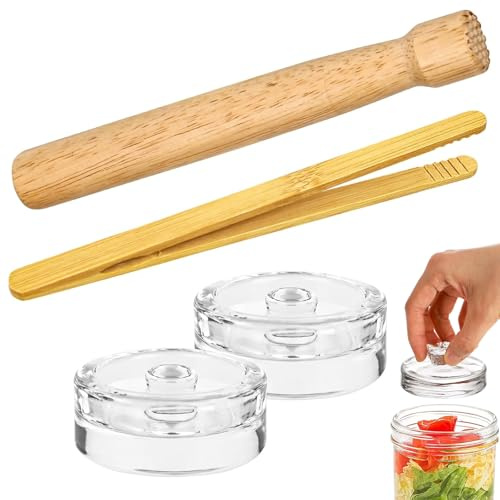4Stück Fermentieren Starter Set, Fermentiergewichte Ø 7cm Fermentieren Starter Set inkl fermentationsgewicht/ Krautstampfer/V Förmiger Clip/ Fermentierset für Herstellung von Sauerkraut und Kimchi