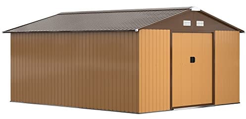 Outsunny Metall Gerätehaus 340x386x200cm 26,2m³ Gartenhaus mit Schiebetür Satteldach Fundament wetterfest Geräteschuppen Garten Outdoor Schrank Schuppen für Außenbereich, Gelb
