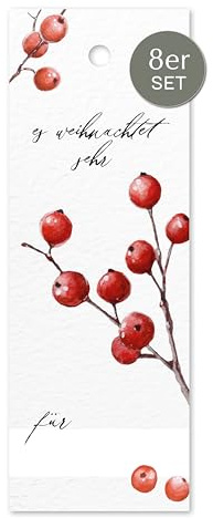 NORDEULE® Geschenkanhänger es weihnachtet sehr Rote Beeren im 8er Set | mit Namenszeile perfekt für Weihnachtsgeschenke, Flaschen, Kundenpräsente, Wichtelgeschenke