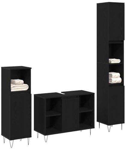 vidaXL Badezimmermöbel-Set 3 STK. Schwarz Eichen-Optik | Stylische schwarze Eichenoberfläche für einen coolen Look, Sieben Fächer mit eingebauten Regalen,