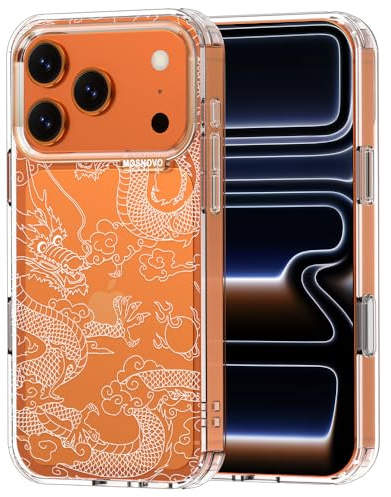 MOSNOVO Coque pour iPhone 17 Pro, [Protection de Qualité Militaire 2m] [Technologie Anti-Décollage] Coque Transparente Antichoc en TPU avec Design - Dragon Blanc