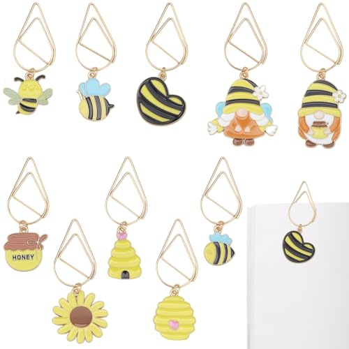CRASPIRE 10 Stil Bienen Büroklammer Lesezeichen Metall Büroklammern Honigwaben Zwerg Herz Blume Gelb Lese Leser Anhänger Charm Gold Lesezeichen Für Frauen Lehrer Papier Dokument Sortieren Organisieren