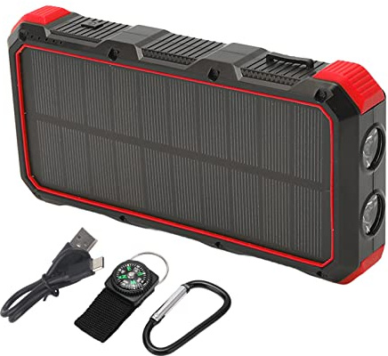 Solar Power Bank Charge Rapide 3 USB Batterie Externe Solaire Rouge - Puissance, LED d'urgence et Multiples Protection pour Camping et Randonnée