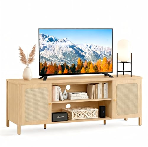 KISLOT Rattan TV Stand for TVs up to 75'' Boho Entertainment Center with Adjustable Shelf Television Stand with 2 Storage Cabinets Media Console Wooden TV Cabinet for Living Room Bedroom,Natural Oak