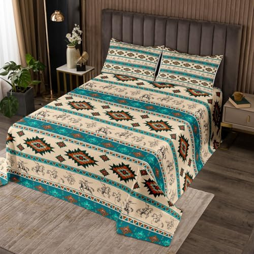 Homemissing Western Cowboy Bettüberwurf Südwesten Aztek Muster Tagesdecke 170x210cm für Jungen Mädchen Reiten Design Steppdecke Ranch Bauernhaus Schlafzimmer Dekor 2 Stück Teel Weizen
