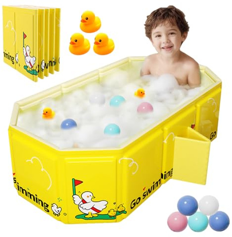 Bañera plegable para Niños, Bañera Grande para Niños Pequeños,Bañera Portátil con Juguetes para Niños,Trae 5 pelotas oceánicas y 2 patitos de goma gigantes (Amarillo)