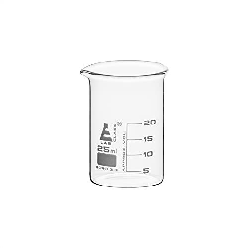 Beakers, Pack of 12-25mL, Borosilicate Glass, 5mL graduation Low form - Eisco Labs