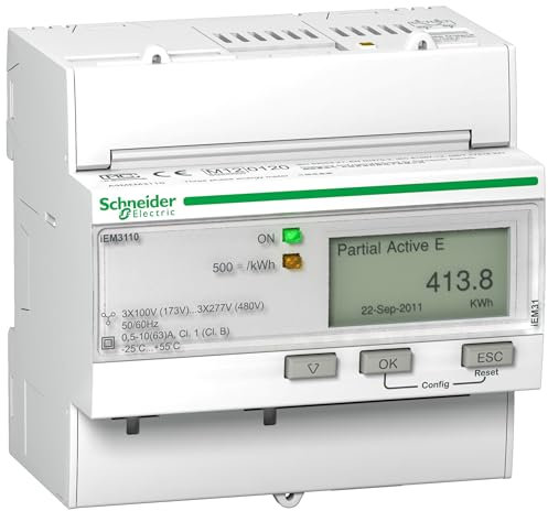 Schneider A9MEM3110 x Energiezähler, 3-phasig, 63A, mit Teilzähler, S0-Impuls, MID konform, Weiß