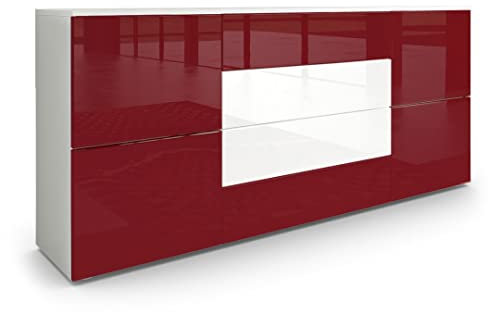 Vladon Sideboard Rova, Made in Germany, Kommode mit 4 Türen und 4 Schubladen, Weiß matt/Bordeaux Hochglanz/Weiß Hochglanz (166 x 72 x 35 cm)