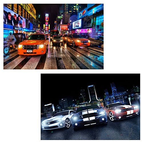 Mendler 2er-Set LED-Bild Leinwandbild Leuchtbild Wandbild 40x60cm, Timer - Cars