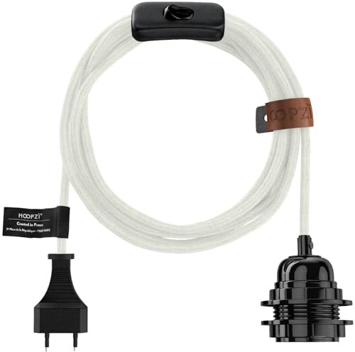 Hoopzi - Fil électrique en Tissu de 4,5M pour Éclairer Partout Chez Vous - Douille Ampoule E27 avec Interrupteur - Créez Votre Suspension Luminaire, Baladeuse, Lampe Suspendue - Bala Lin Blanc/Noir