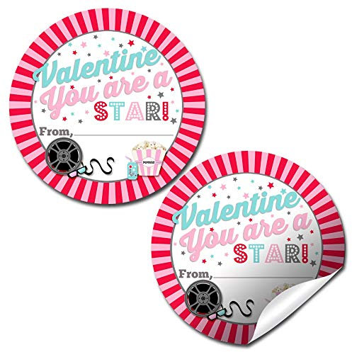 Lights Camera Action Movie Star-Themed Valentine Party Favor Sticker Labels for Girls, 40 2 Party Circle Stickers by AmandaCreation, Great for Classroom Valentines, Envelope Seals, Gifts & Treats