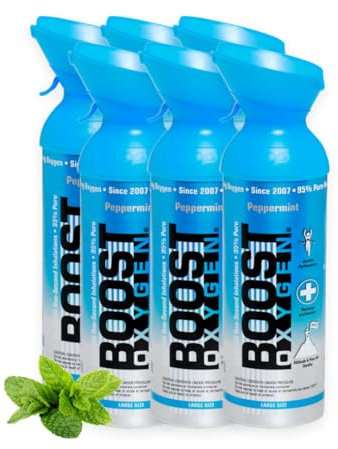 Boost Oxygen - Botella de Oxígeno Portátil - Lata de Oxigeno 95% Puro y Natural - Concentración, Recuperación, Energía, Estado de Ánimo, Grande - 54L, 6x9L (6x Envases - 900 Inhalaciones) - Menta