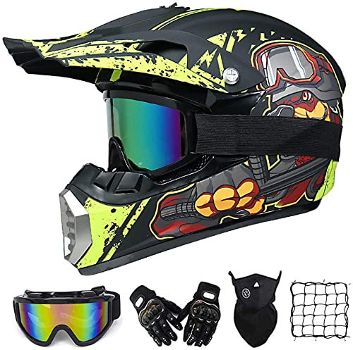 VOMI Motorrad Crosshelm Set, Schwarz und Gelb, Motocross Helm Kinder Downhill Fullface-Helm Off Road MTB Cross Helm Mopedhelm mit Brille/ Handschuhe/ Maske/ Motorrad Netz (M)